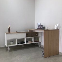 Escrivaninha Industrial em L 1 Porta 5 Nichos Pés Metálicos Dubai - 18