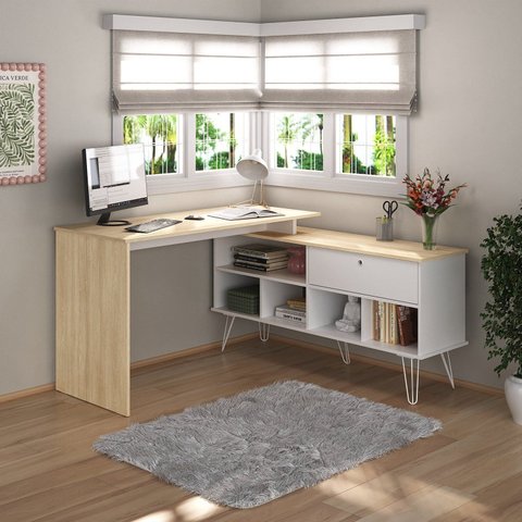 Escrivaninha Mesa Escritório em L Pés Metálicos Dubai 1 Porta 5 Nichos 136,5cm Industrial Carvalho E Branco