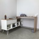 Ver mais imagens de Escrivaninha Mesa Escritório em L Pés Metálicos Dubai 1 Porta 5 Nichos 136,5cm Industrial Carvalho e