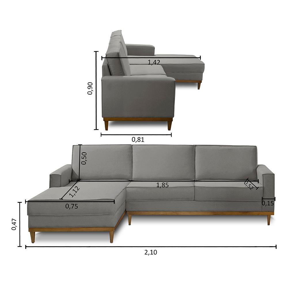 Kit Sofá 3 Lugares 2,10m com Chaise Esquerdo e 2 Poltronas Living Lavinia Linho Cinza Adonai - 2