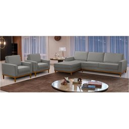 Kit Sofá 3 Lugares 2,10m com Chaise Esquerdo e 2 Poltronas Living Lavinia Linho Cinza Adonai - 1