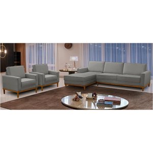 Kit Sofá 3 Lugares 2,10m com Chaise Esquerdo e 2 Poltronas Living Lavinia Linho Cinza Adonai