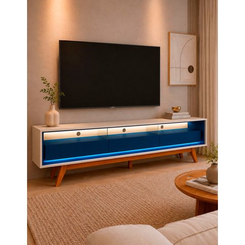 Rack Home para TV 85 Polegadas Sala Pés Madeira Tunísia Cor:Off-White e Azul Royal