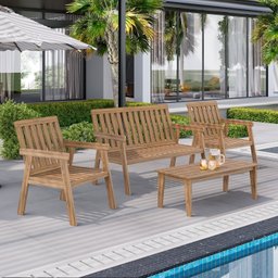 Conjunto Para Jardim Família 4 Peças 3 Poltronas 1 Mesa de Centro de Madeira Eucalipto sem Almofada  - 1
