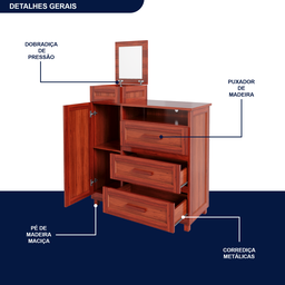 Cômoda Sapateira com Espelho 1 Porta 3 Gavetas e Porta Jóias Cuiabá Vermelho/Mel - 6 Cômoda Sapateira com Espelho 1 Porta 3 Gavetas e Porta Jóias Cuiabá Vermelho/Mel - 6