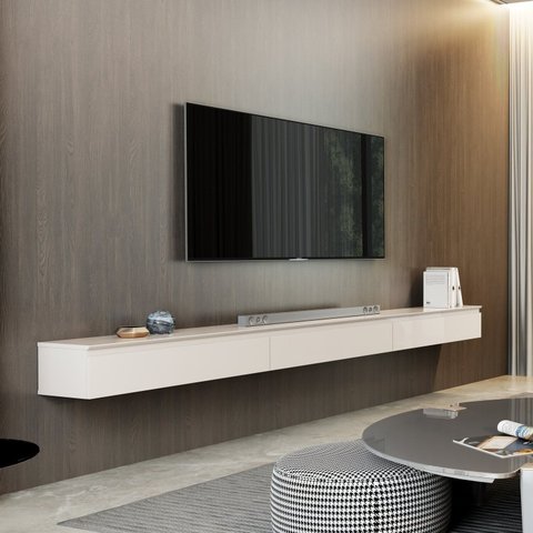 Rack Suspenso para TV até 75 Polegadas 100% MDF 217,8cm 3 Gavetas Aspen 2.17 Bege Off White
