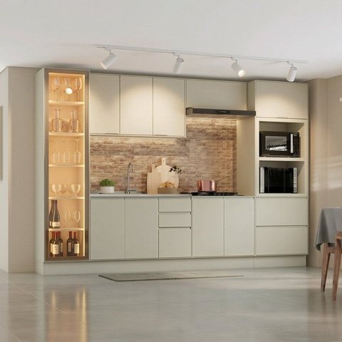 Cozinha Completa 6 Peças 100% MDF com Cristaleira e Torre Quente 2 Fornos Fineze