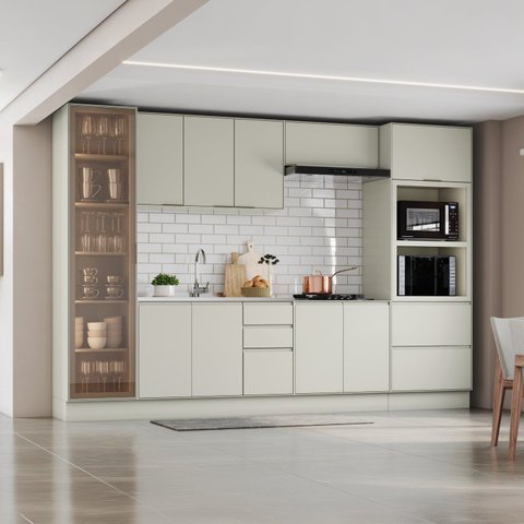 Cozinha Completa 6 Peças 100% MDF com Cristaleira e Torre Quente 2 Fornos Fineze