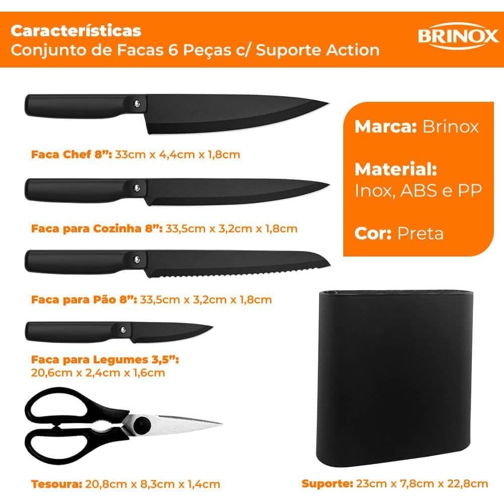 Jogo de Facas 6 Peças com Cepo Aço Inoxidável e Abs na Cor Preto Linha Action Brinox - 5