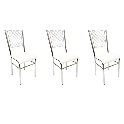 Kit 3 Cadeiras de Cozinha com Reforço Cromada Encosto Grade Assento Branco - Poltronas do Sul