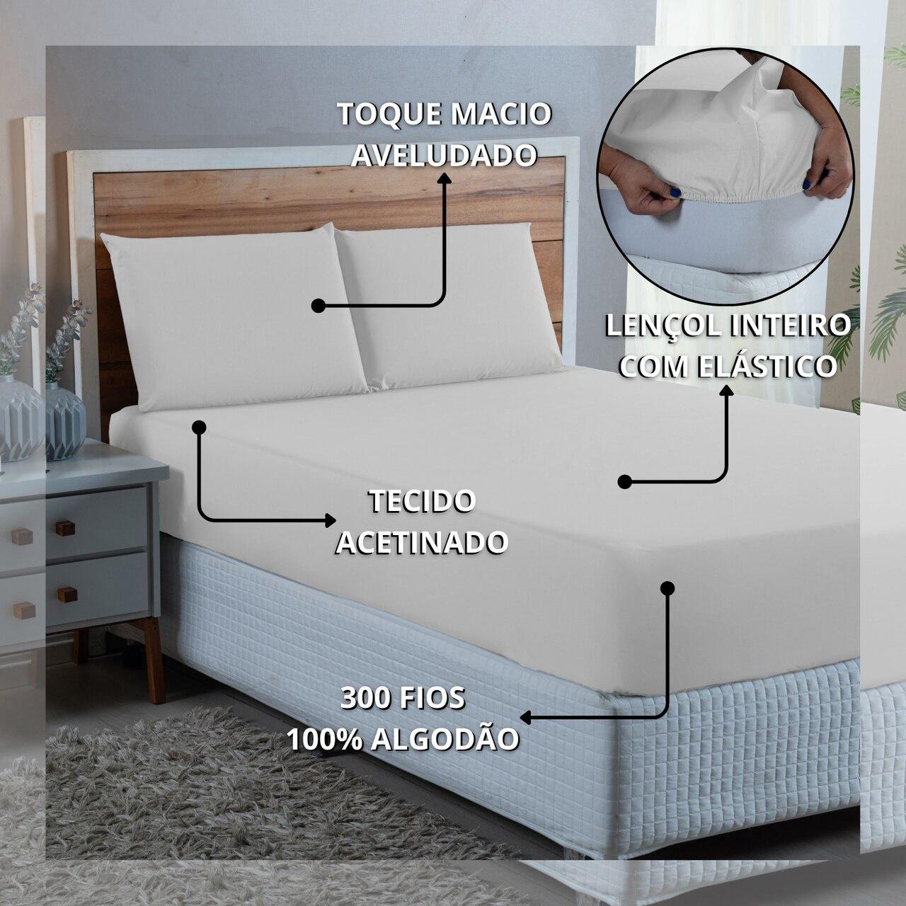 Jogo de Cama Lençol Queen 300 Fios Algodão 4 Peças Conjunto com Elástico e Fronhas:branco - 6