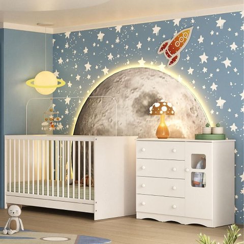 Berço 3 em 1 para Colchão 130x60cm com Cômoda 1 Porta 4 Gavetas Serena Multimóveis Mp4741 Branco