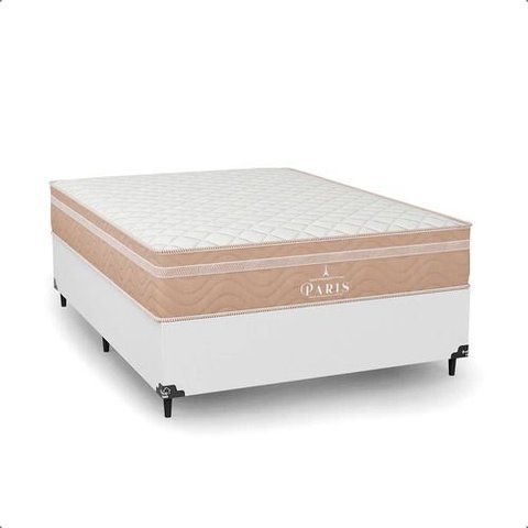 Cama Box Viúva Branco + Colchão Paris Molas Ensacadas Bege Couro Branco/bege