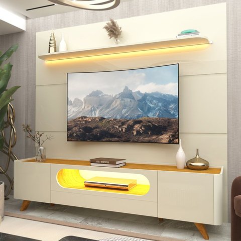 Rack com Painel para Tv até 90 Polegadas 255cmx219cm 1 Gaveta 2 Portas com Led 1 Prateleira 100% MDF