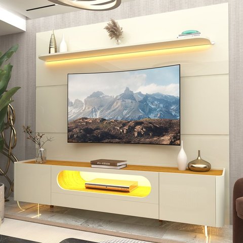 Rack com Painel para Tv até 90 Polegadas 255cmx219cm 1 Gaveta 2 Portas com Led 1 Prateleira 100% MDF