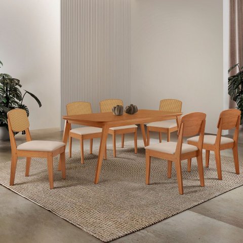 Mesa de Jantar Copper 180cm Tampo Canto Copo Mdf Laminado com 6 Cadeiras Copper Premium Moderna Mobí