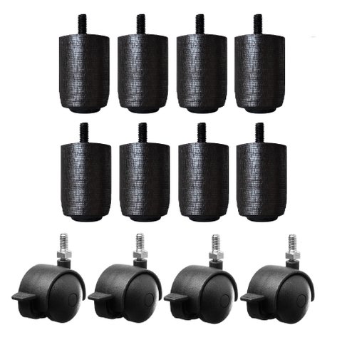 Kit 8x4 Pés P63 Preto C/ Trava para Cama Box ou Baú Queen ou King (8 Fixos de Madeira e 4 Rodinhas)