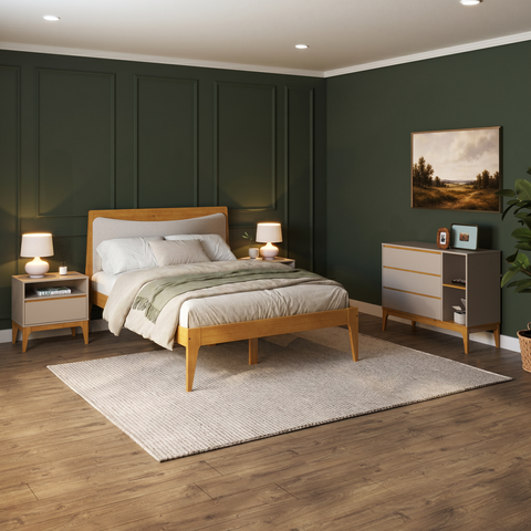 Conjunto Quarto Casal com Cama Casal com Cabeceira Estofada, 2 Mesas de Cabeceira e Cômoda 3 Gavetas com Pés de Madeira Maciça Bento Yescasa Bege/Cappuccino/Amêndoa