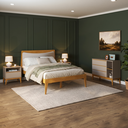 Ver imagem 1 de Conjunto Quarto Casal com Cama Casal com Cabeceira Estofada, 2 Mesas de Cabeceira e Cômoda 3 Gavetas com Pés de Madeira Maciça Bento Yescasa Bege/Cappuccino/Amêndoa