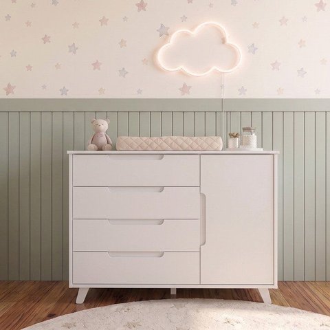 Cômoda L 4 Gavetas e 1 Porta 100% MDF Pés Madeira