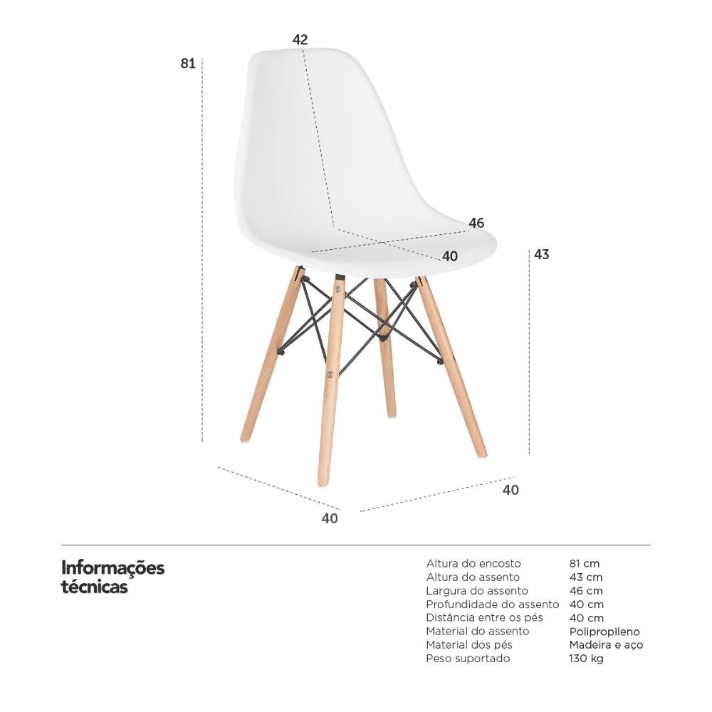 Kit 10 Cadeiras Charles Eames Eiffel Dsw - Base de Madeira Clara - Branco - 7