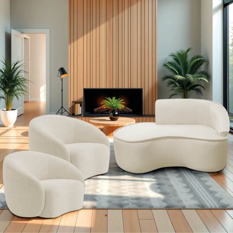 Kit Divã Recamier Orgânico Marrocos 150cm Lado Esquerdo e 2 Poltronas Amore Bouclé Bege