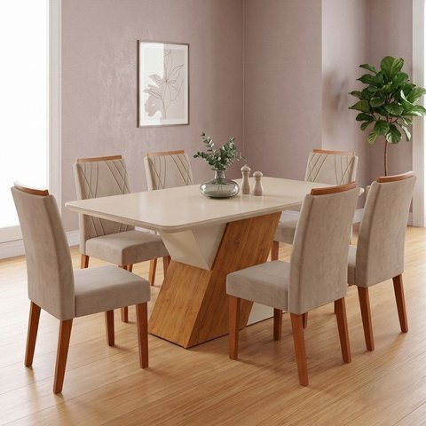 Mesa Sala de Jantar 6 Lugares Vidro Rubi e Kit Cadeiras Estofadas Madeira Maciça Vegas Bege Yescasa