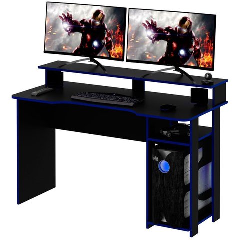 Mesa para Computador Gamer Espaço para 2 Monitores e Cpu Preto/Azul