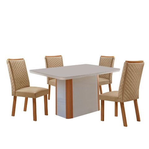 Mesa de Jantar Isadora 120cm Tampo MDF e Vidro Canto Copo com 4 Cadeiras Lira Moderna Mobília