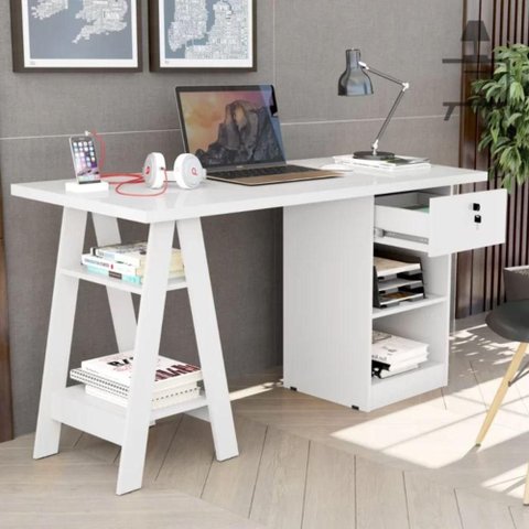 Escrivaninha Retangular Villa de Toscana Th Shop 1 Gaveta 2 Prateleiras MDF Branco Casah