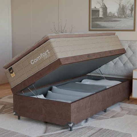 Cama Box Baú Solteiro + Colchão Comfort Class Pillow Top Bege/suede Marrom