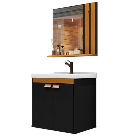 Gabinete Kit Banheiro Completo Preto com Cuba e Espelho Luxo Pallas