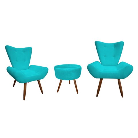 Kit 2 Poltronas Decorativa Emilia + Puff Redondo Suede Azul Tifany Pés Madeira Ms Decor