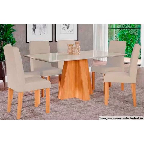 Sala de Jantar Completa Maite C/ Tampo Madeirado C/ Vidro Canto Curvo 160x80cm e 6 Cadeiras Maia