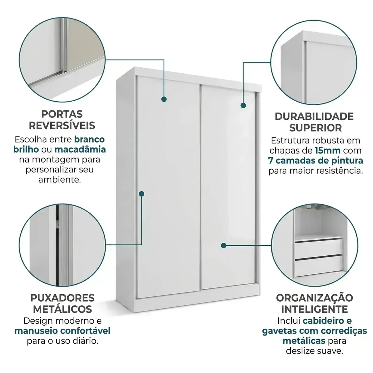 Ver imagem 7 de Guarda Roupa Solteiro 2 Portas de Correr e 2 Gavetas 218x143cm N571 Cor Flex Branco/Macadâmia