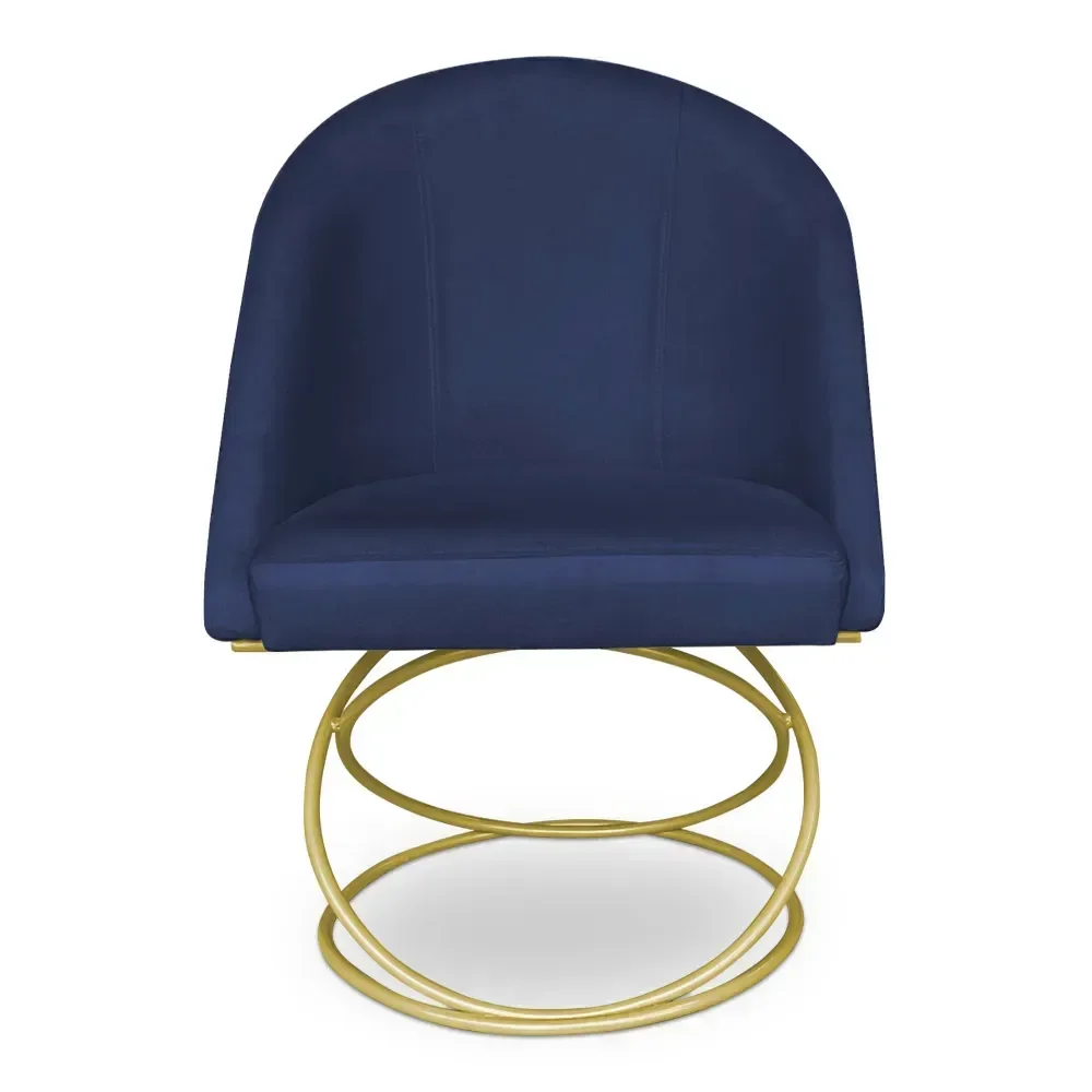 Poltrona Cadeira de Jantar Luxo Estofada Base Metal Dourado Sala Cozinha Recepção Suede Azul Eli Móv