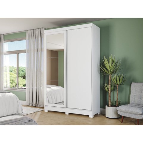 Guarda-Roupa 2 Portas de Correr 2 Gavetas com Pés e Espelho Branco