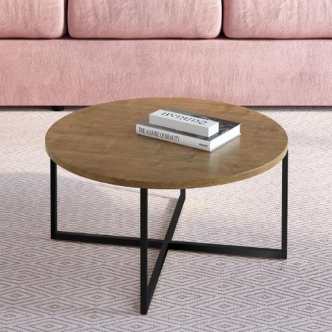 Mesa de Centro Industrial Redonda 70cm - Carvalho/Preto