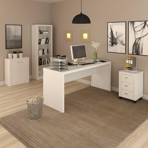 Kit Escritório Completo com Mesa Gaveteiro Estante e Balcão Cor:branco