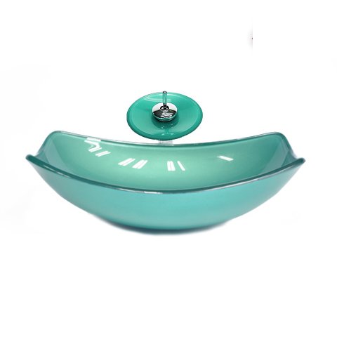 CUBA DE VIDRO OVAL CHANFRADA 51CM VERDE + VALVULA + TORNEIRA CASCATA