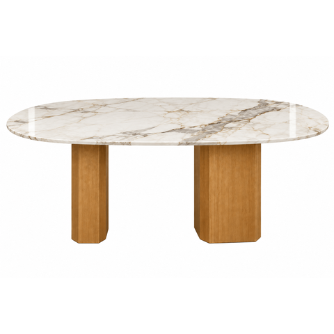 Mesa de Jantar Orgânica Cora 160x90 cm Base Dupla, Freijó- Mármore Branco Extra. Personal Art Design
