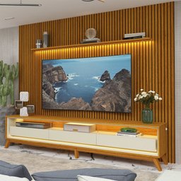 Rack com Painel para Tv até 85 Polegadas Led 3 Gavetas com Pés Madeira 270cm Requinte - 2 Rack com Painel para Tv até 85 Polegadas Led 3 Gavetas com Pés Madeira 270cm Requinte - 2