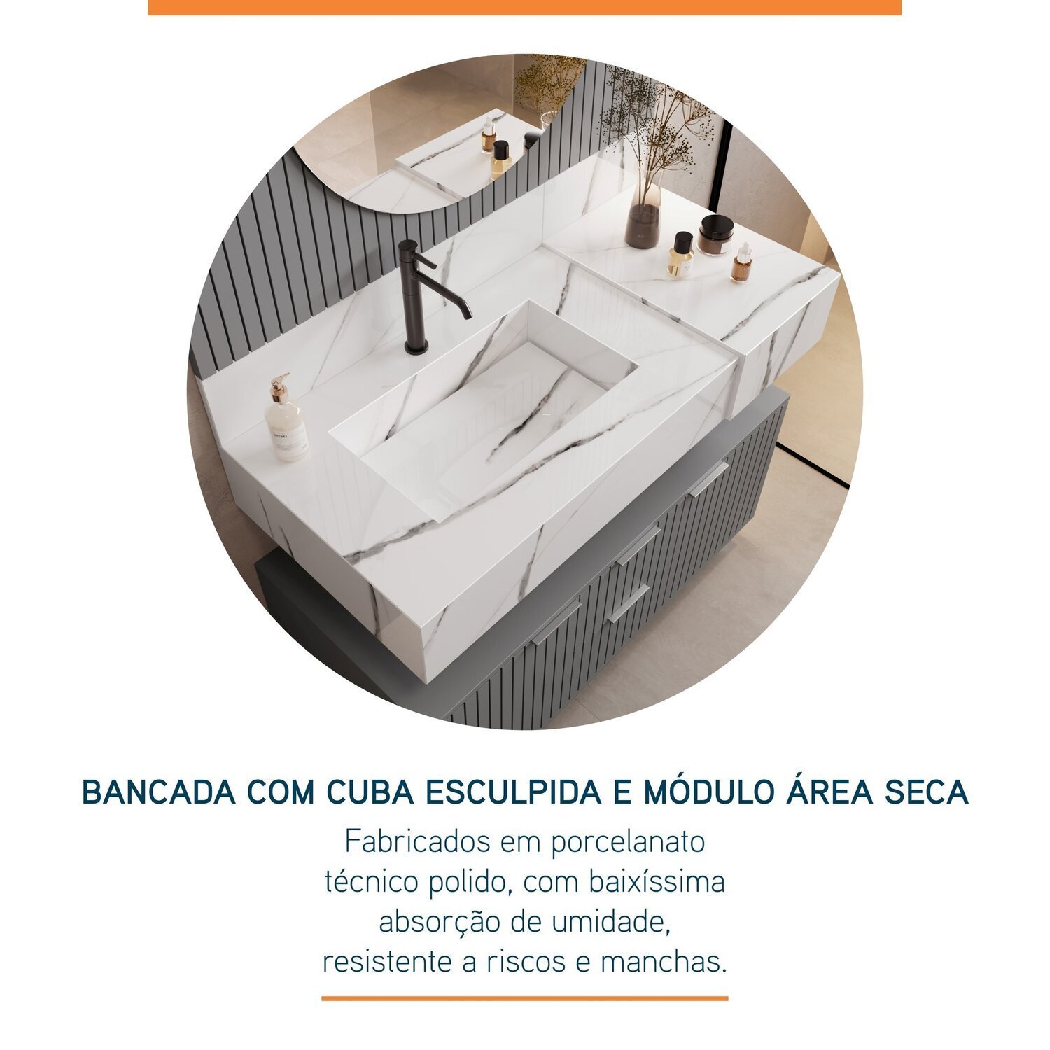 Bancada em Porcelanato 100cm com Cuba Esculpida Ripy - 2