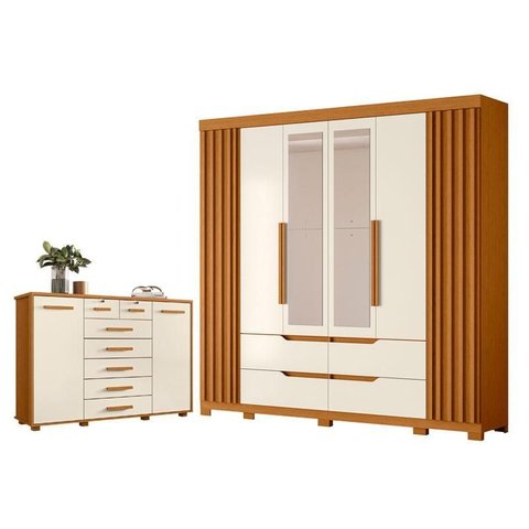 Guarda Roupa Casal Doble com Espelho 06 Portas e Cômoda Fontana 02 Portas e 07 Gavetas Cinamomo Off
