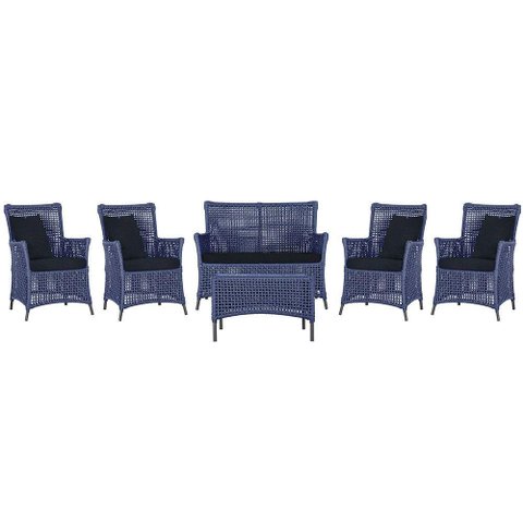 Jogo Sofá 4 Poltronas e Mesa Igapó Preta E12 Trama Original Azul