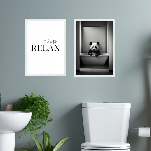 Kit 2 Quadros Banheiro Panda - Time To Relax 24x18cm - com Vidro:moldura Branca