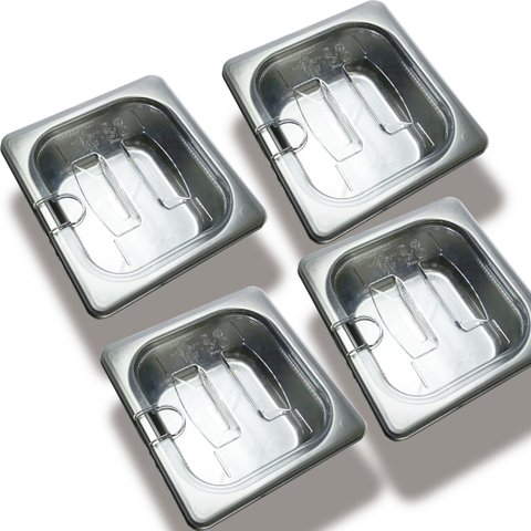 Conj 4 Cuba Gastronômica Inox Gn 1/6x65 Mm 900 Ml + Tampa 1/6 em Policarbonato com Abertura para Col