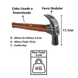 Martelo Unha Premium Cabo Madeira Envernizado Cunha Aço 25mm - 2