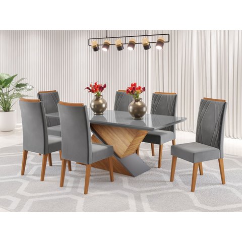 Mesa de Jantar Retangular Encantare com 6 Cadeiras Madeira Maciça Vegas Yescasa Cinza/Mel/Grafite