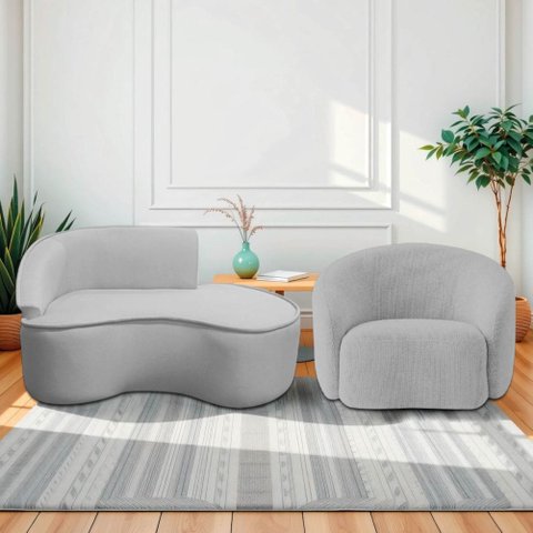 Kit Divã Recamier Orgânico Marrocos 150cm Lado Direito e 1 Poltronas Amore Linho Cinza Claro